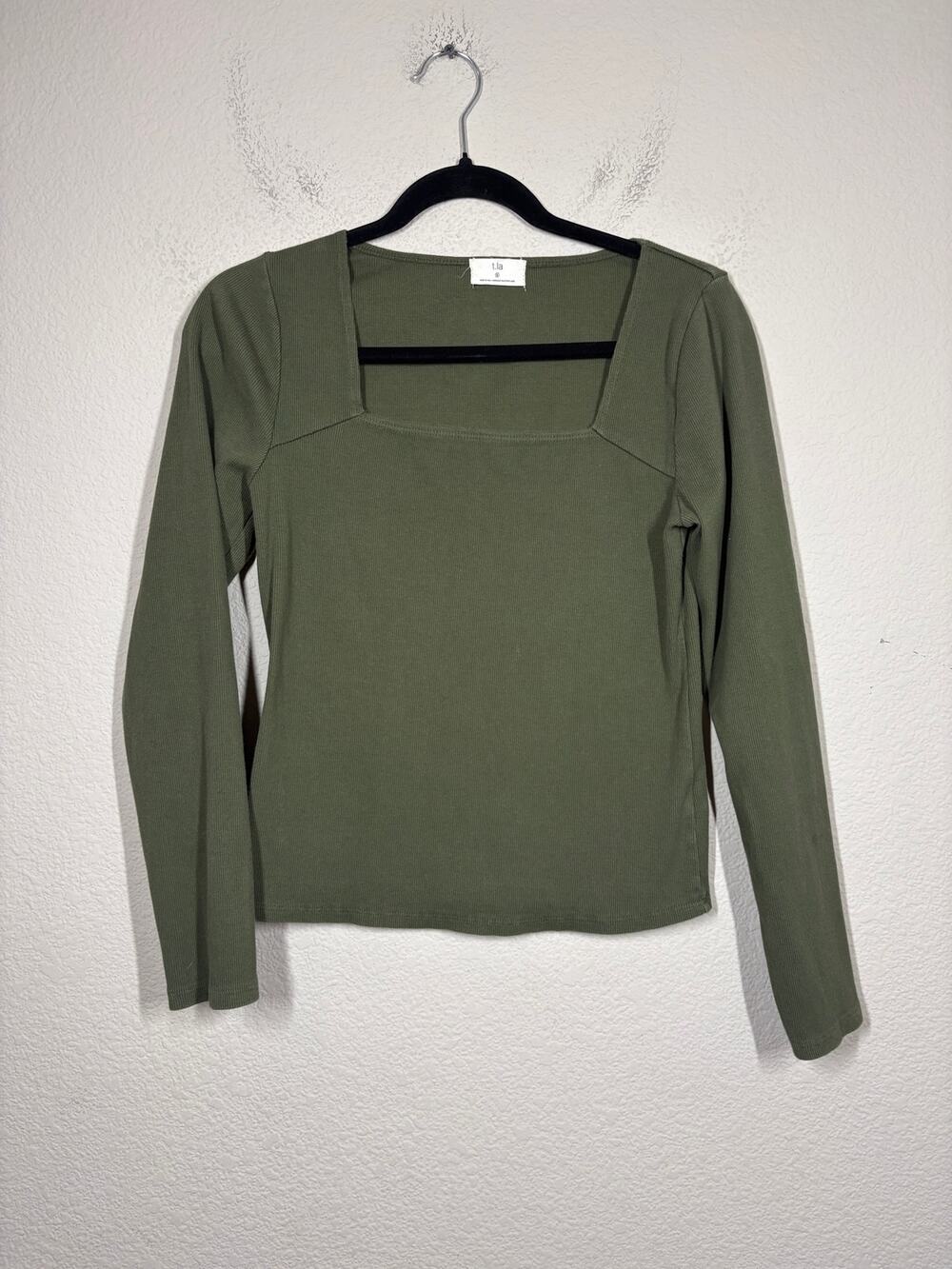 T.La Size Small Square Neck Rib Top Olive Green Cotton Blend Long Sleeve Stretch